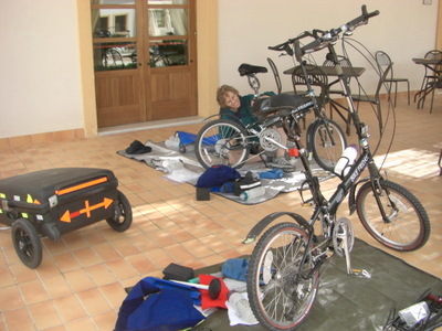 Bikes are in different stages of assembly.